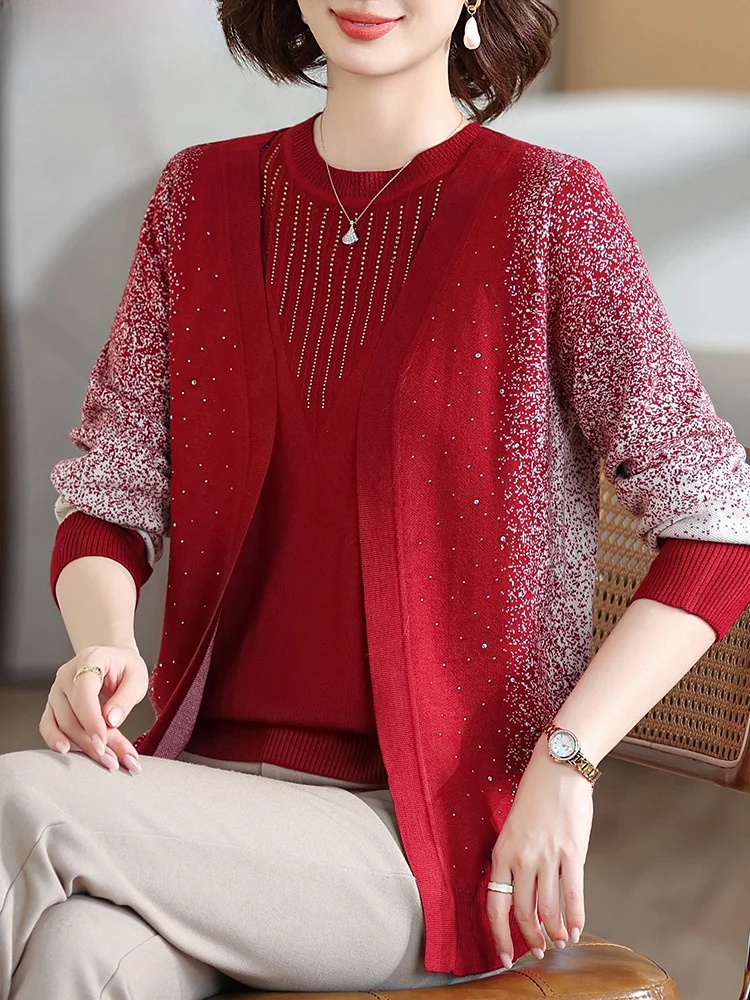 

Faionable Knitted Sweater Two-Piece Set for Middle-Aged And ly Women Spring Autumn Mommy Casual Loose Fit Polyester Blend