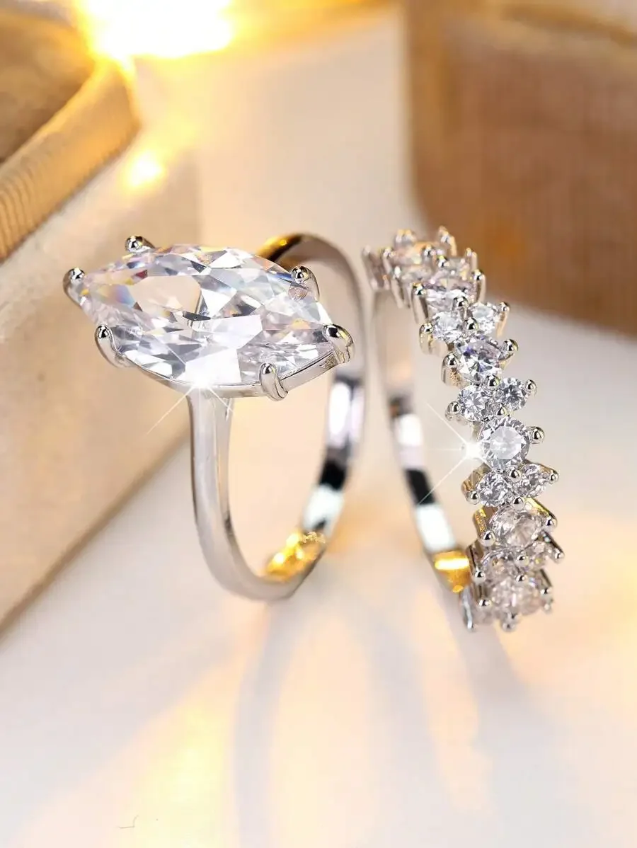 2 Pcs Marquise Engagement Ring Set Eternity CZ Wedding Band Ring For Women Valentines Day Jewelry Gifts