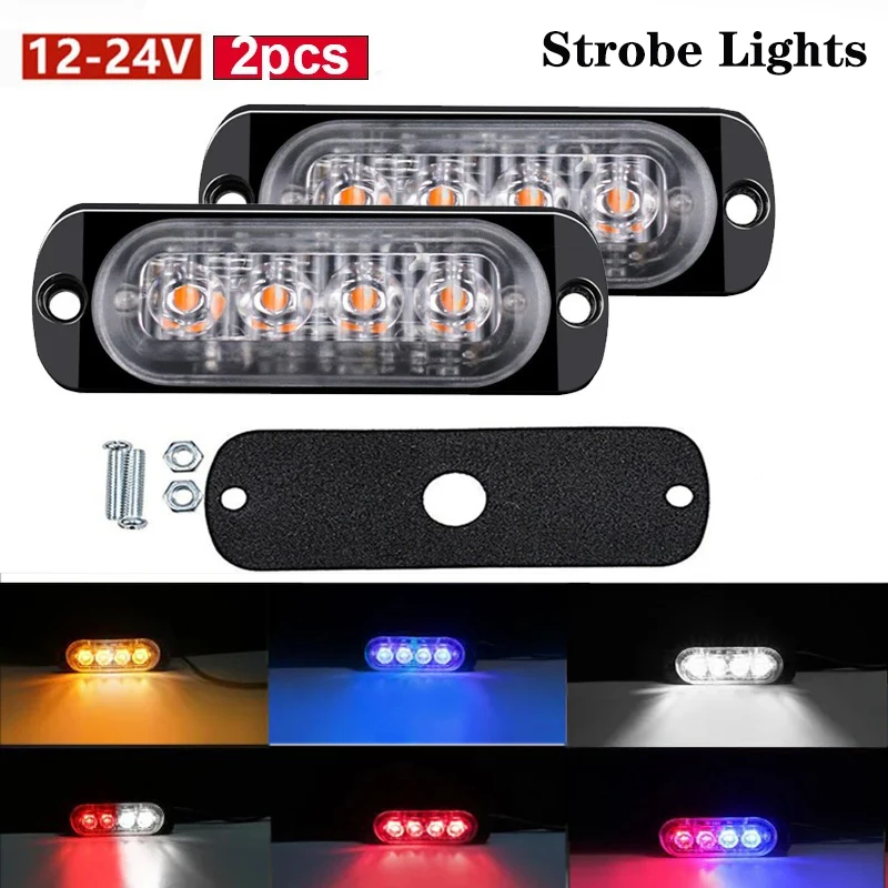 2Pcs Strobe Side Warning Lights 12-24V Grille Flashing Light Bars 4leds Cars Beacon Lamp Amber Lights White Amber