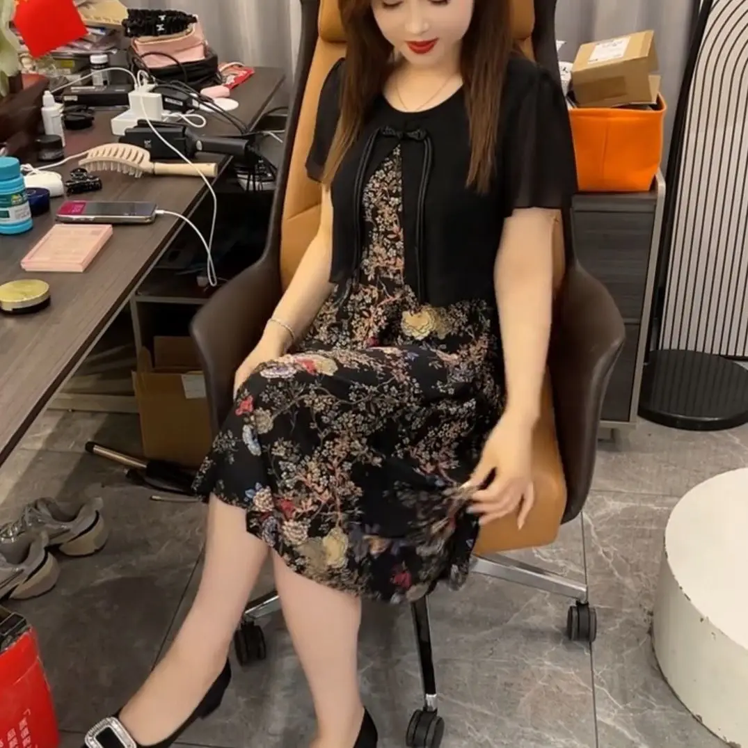 Estate New Sle Mommy Patchwork floreale Qipao Dr Copertura della pancia Dimagrante in due pezzi Dr Casual rotondo Ne ort Sve Midi...