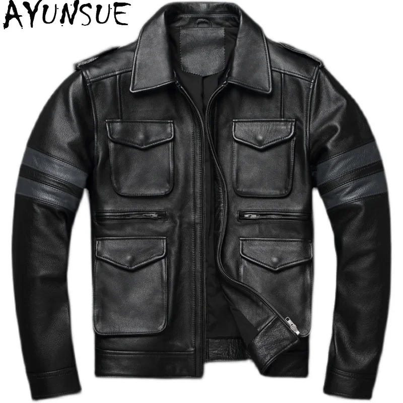 

AYUNSUE Mens Leather Jacket Cowhide Autumn Coats Fashion Men Clothing Large Short Motorcycle Jackets Chaquetas Para Hombre