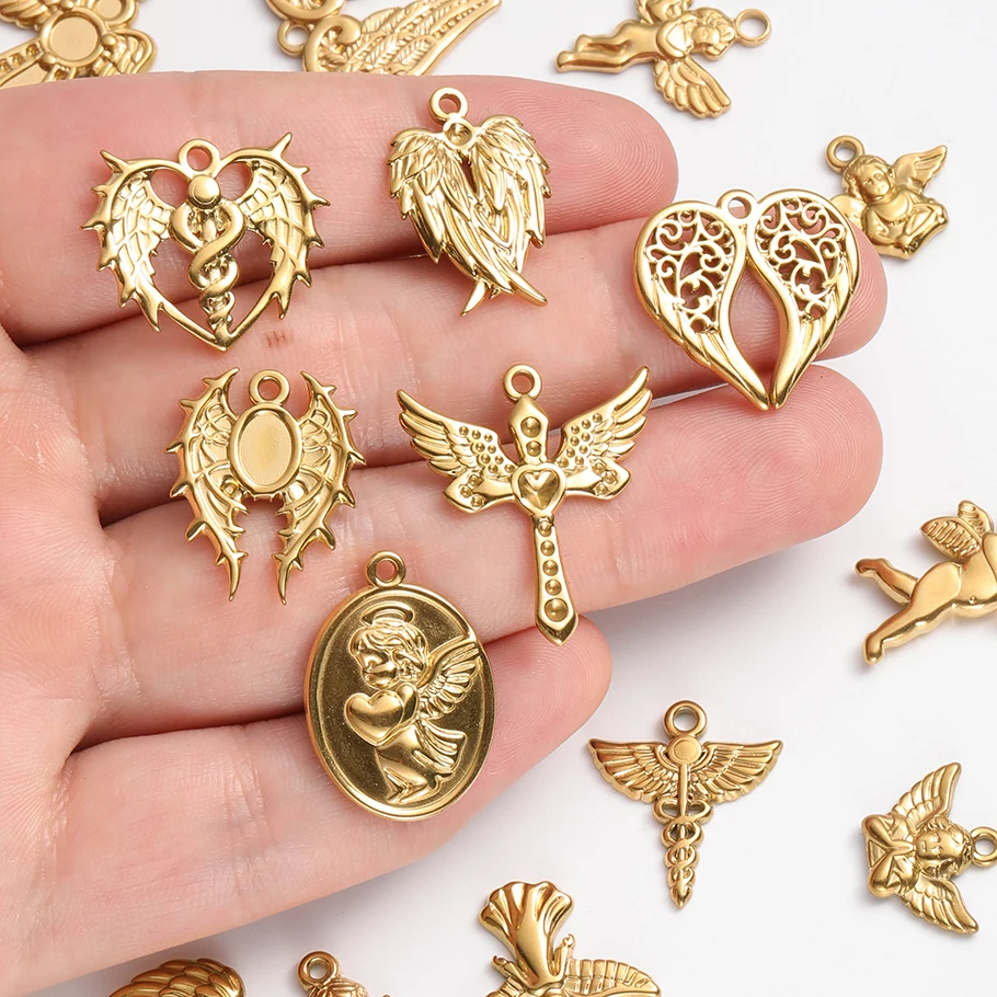 10pcs Gold Color Angel Thorn Wings Stainless Steel Cupid Archery Pendant Different Styles Street Tide Charms DIY Jewelry Making