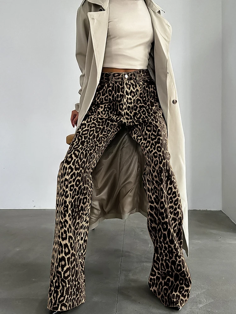 Aynaray Estate Inverno 2024 Pantaloni leopardati da donna Streetwear Pantaloni dritti a vita alta per donna