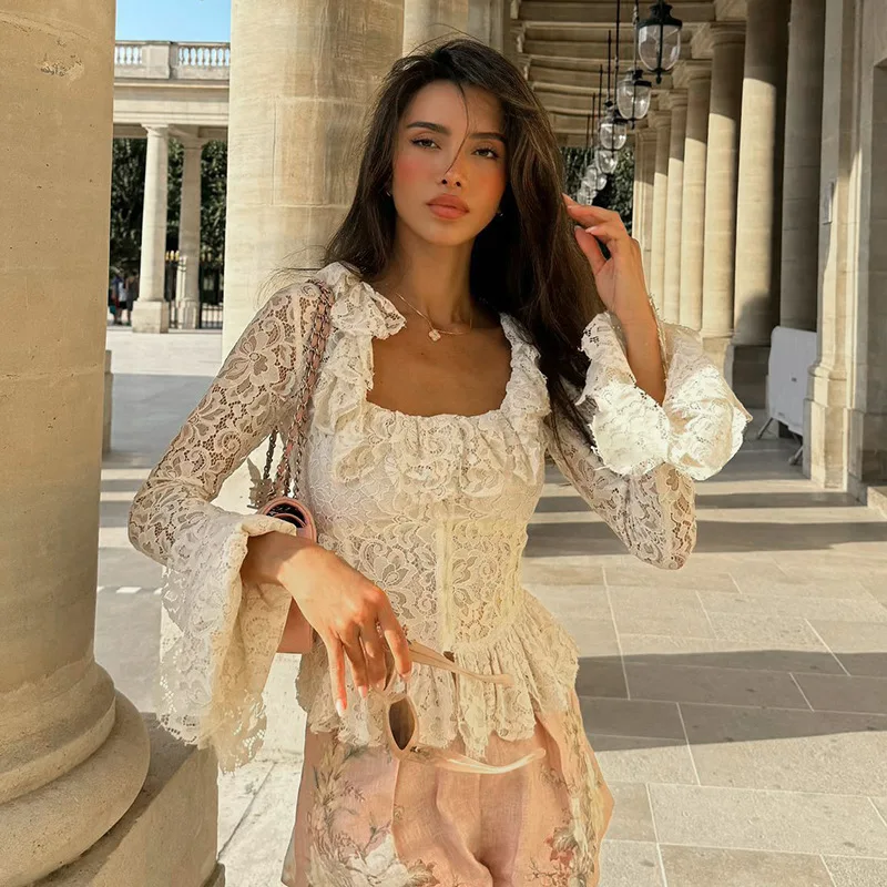 الدانتيل ساحة الرقبة طويلة الأكمام قمة الموضة واحدة الصدر سليم صالح المرأة الخريف كشكش المحاصيل الأعلى الشارع الشهير الأساسية القمصان الأبيض