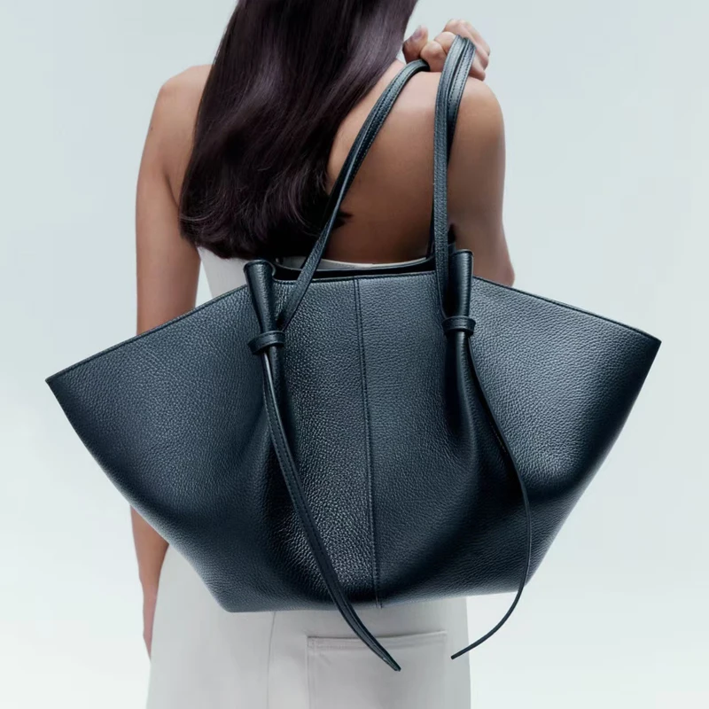 SHELKSBAG Women Drawstring Knot Tote Bag Large Capacity Open Top Shoulder Bag Grain PU Leather Casual Ladies Commute Handbag