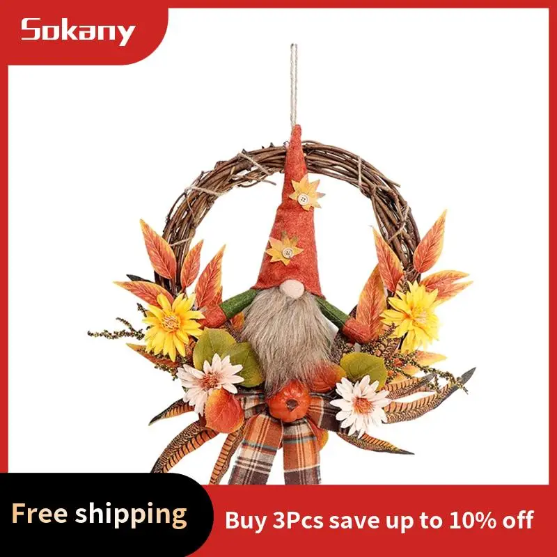 

A59E-Fall Wreath Artificial Autumn Front Doors Wreath With Plush Gnome Pumpkin Flower Maple Leaves Harvest Handmade Wreath Durab