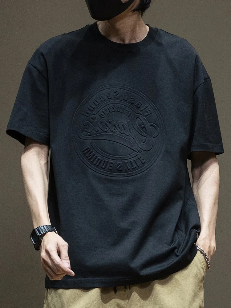 

American Casual ort Sve T-irt Men's High-End Summer New Loose Large Size Steel Stamp ves Sve Body T-irt