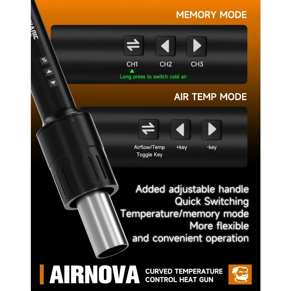 MECHANIC AIRNOVA Curved Temperature Control Hot Air Gun Soldering Station 1200W for Phone BGA IC PCB Rework Desoldering Tool
