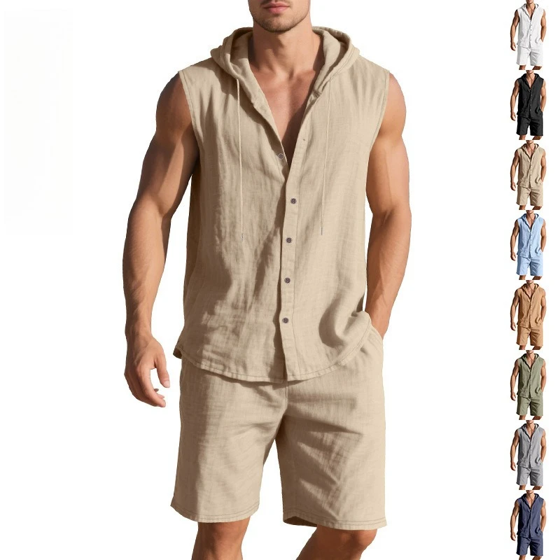 

Fashion European American Y2K Men's suit Summer American Loose Linen Casual Simple Hooded Sleeveless Shirt Shorts Two-piece Set