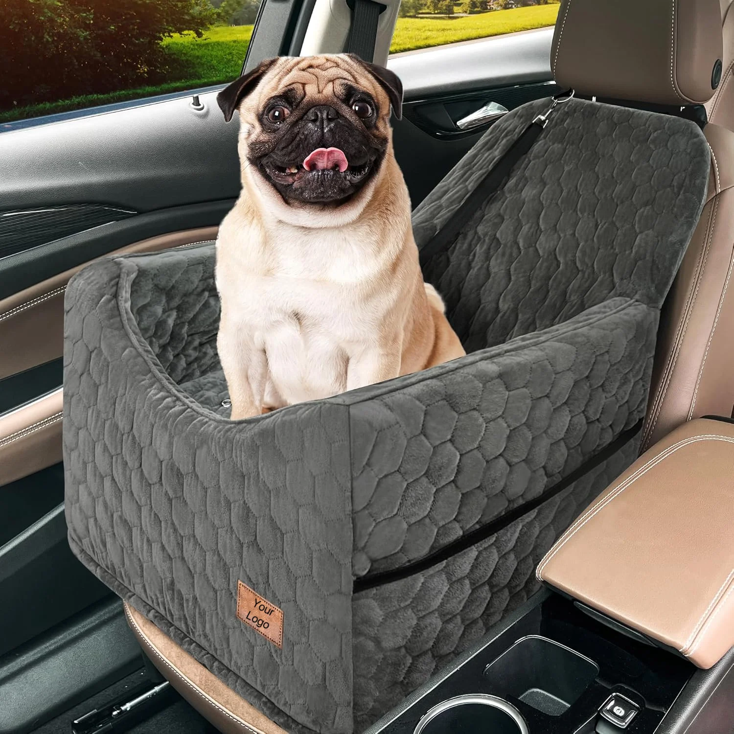 New Design Dog Car Booster Seat with Storage Pockets Small Medium Dog Elevated Pet Seat with Belt Closure
