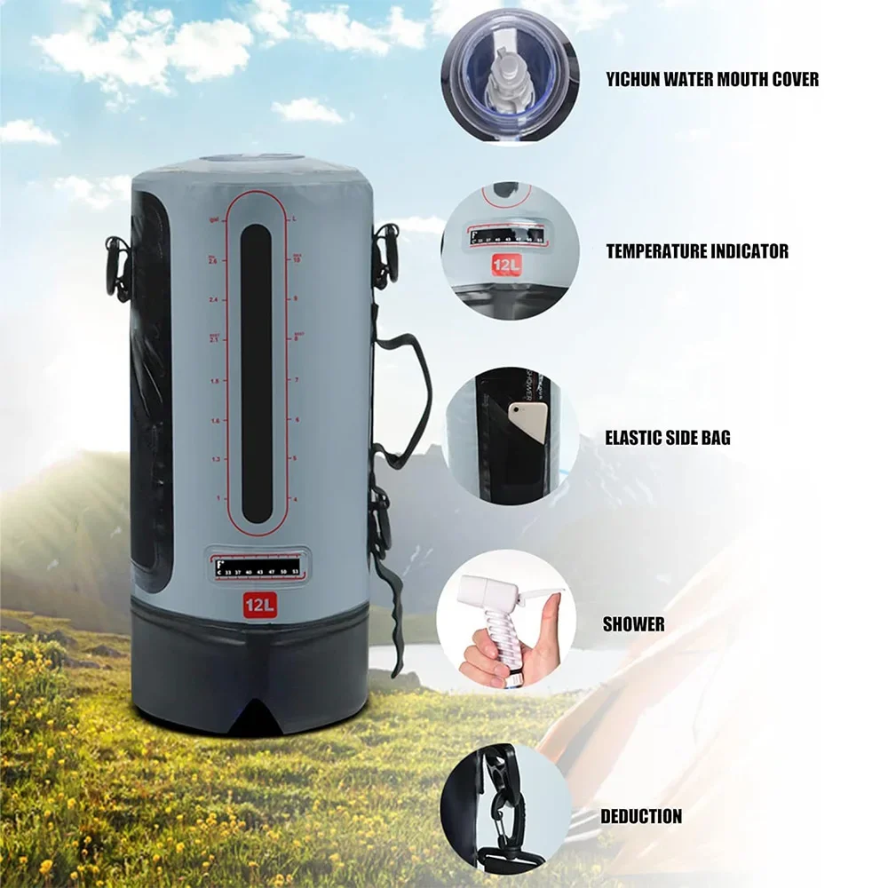 Portable Outdoor 12L Solar PVC Camping Shower Head with Bag Air Pump Pressurized Hot Water Feature for Hiking Outdoor Adventures