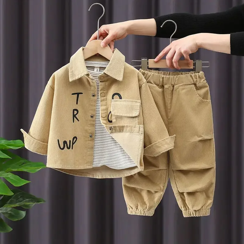 Boys Casual Autumn Set 2025 New Korean Letter Printing Handsome Baby Spring Loose Thin Corduroy Long Sleeve 2pcs Set Outfits