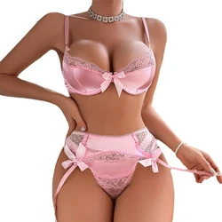 Sexy Lingerie Exotic Costumes Splice Lace Pink Delicate Underwear Women Sensual Lingerie Woman Porn 3-Piece Erotic Lingerie Set