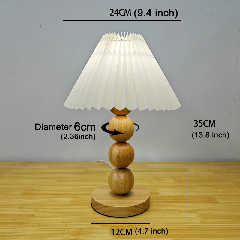 Solid Wood Table Lamp Nordic Vintage Pleated  Bedroom Bedside Desk Reading Decorative Wooden Desk Lamp LED E27 Bulb