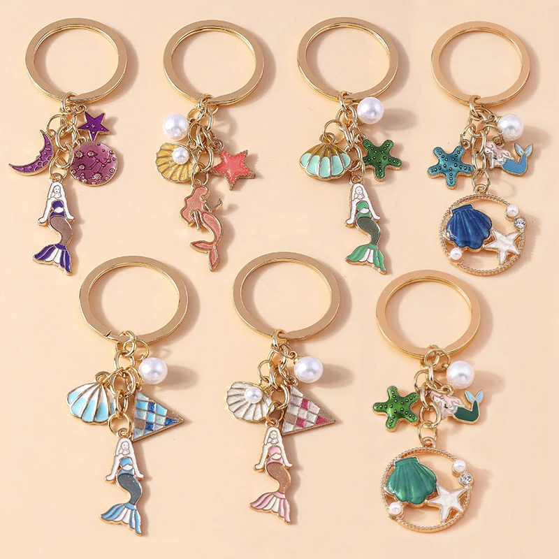 Aihua New Enamel Pearl Shell Starfish Mermaid Keychain Beautiful Sea Beach Pendants For Keyring Handmade DIY Jewelry Gifts