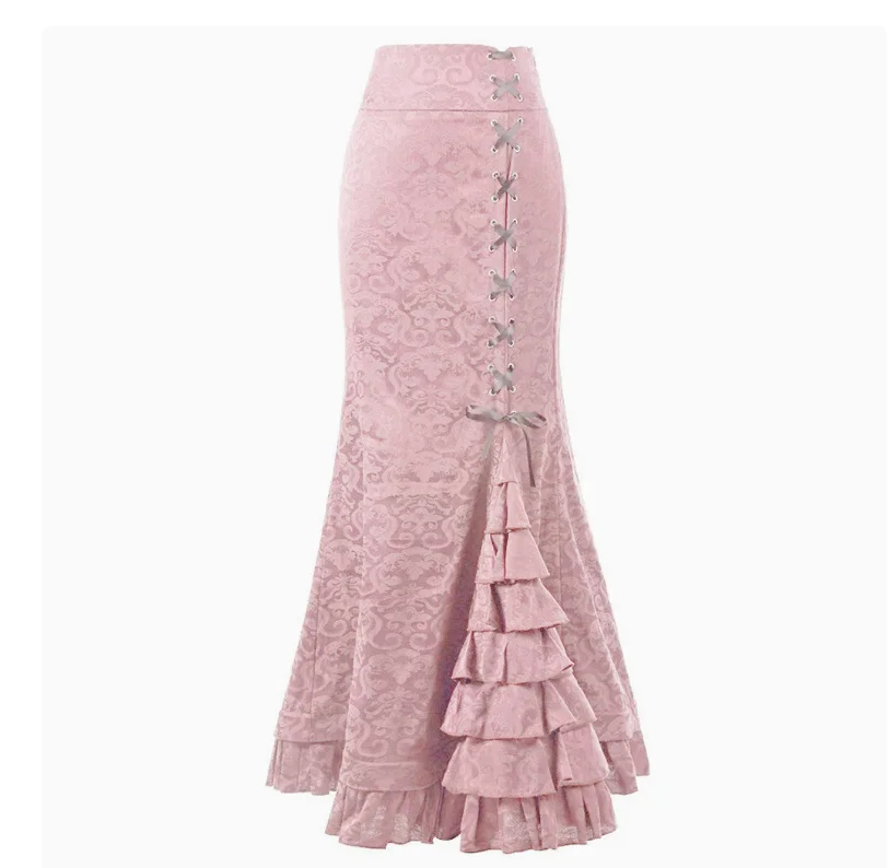 1pcs/lot Women Skirt Vintage Style Retro Mermaid Skirt Vintage Long Ruffle Slim Fishtail Skirt Lace-up Long Print Skirt