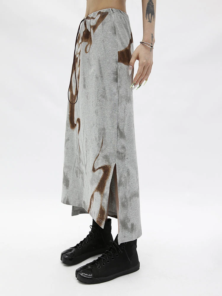 Lange Röcke Retro Y2k Gerade Cool Hohe Taille Abstrakte Tie Dye Drucken Sommer Frauen Split Grunge Trendy Ästhetik
