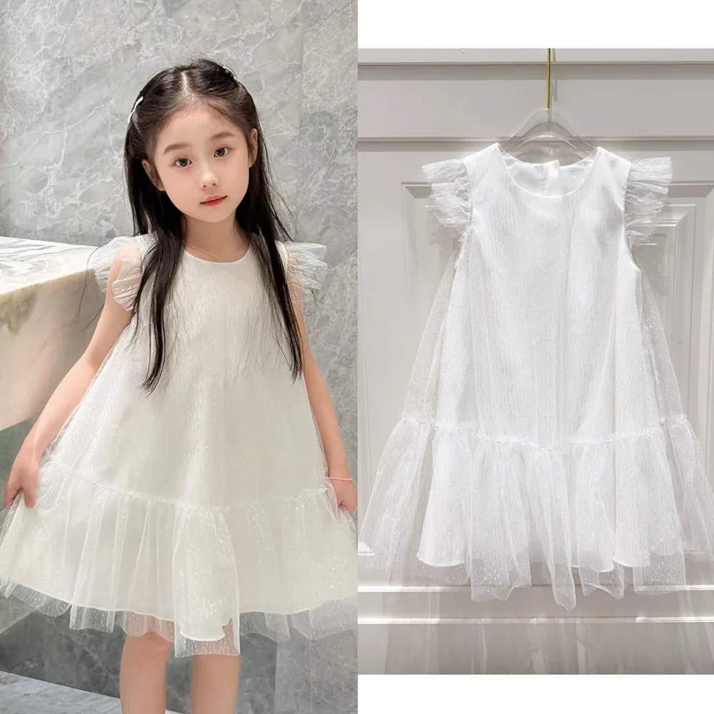 

Summer girls' fashionable dresses baby clothes Sweet princess dress Wave dot pattern ultra soft mesh patchwork dress