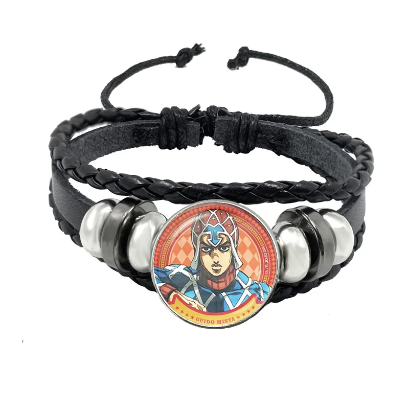 Fashion JoJos Bizarre Adventure Bracelet Kujou Jotarou Hot Anime Figures Glass Button Badge Multilayer Leather Bracelets Gift