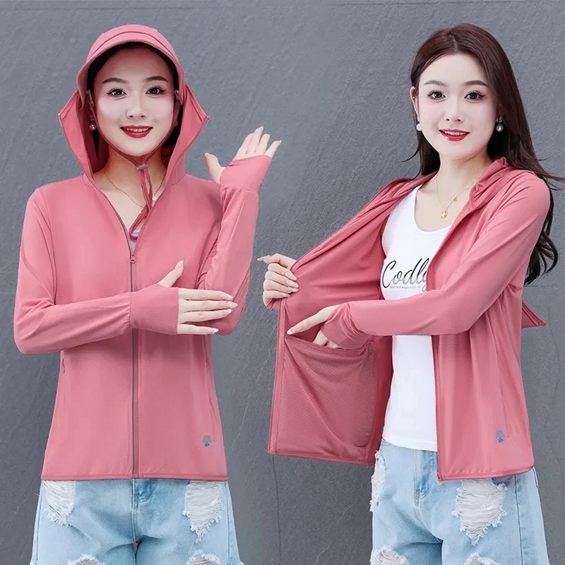 UPF 50+UV Sun Protection Clothing Women Hoodie Ice Silk Breathable Ultrathin Sunscreen Jacket Outdoor Short Fishing Running Coat