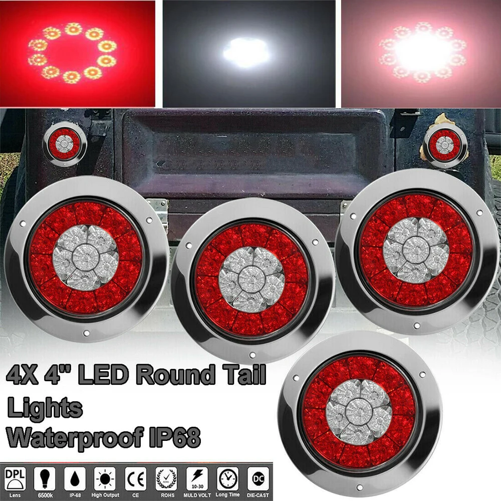 2 Pair   LED Round Tail Lights Fit for cars, trucks, trailers, semi-trailers, boats, flatbeds, buses, trucks, vans, RVs, etc.