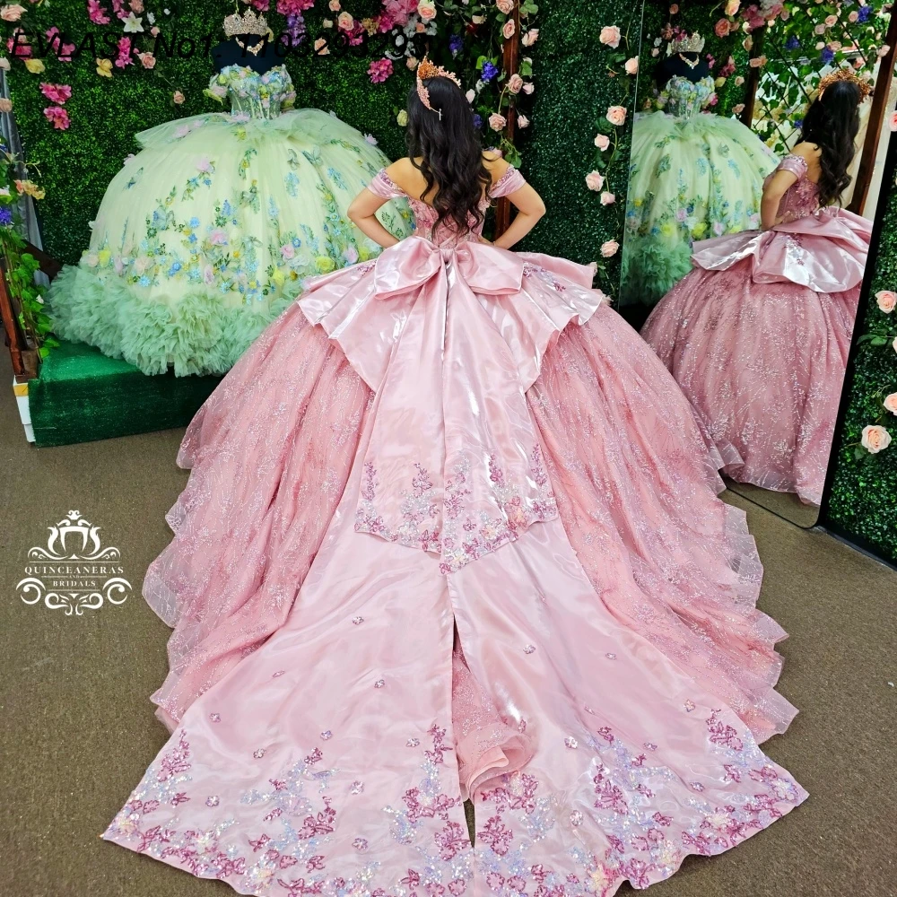 

EVLAST Customized Shiny Pink Quinceanera Dress Ball Gown Glitter Applique Beading Corset Sweet 16 Vestidos De 15 Anos E1QN892