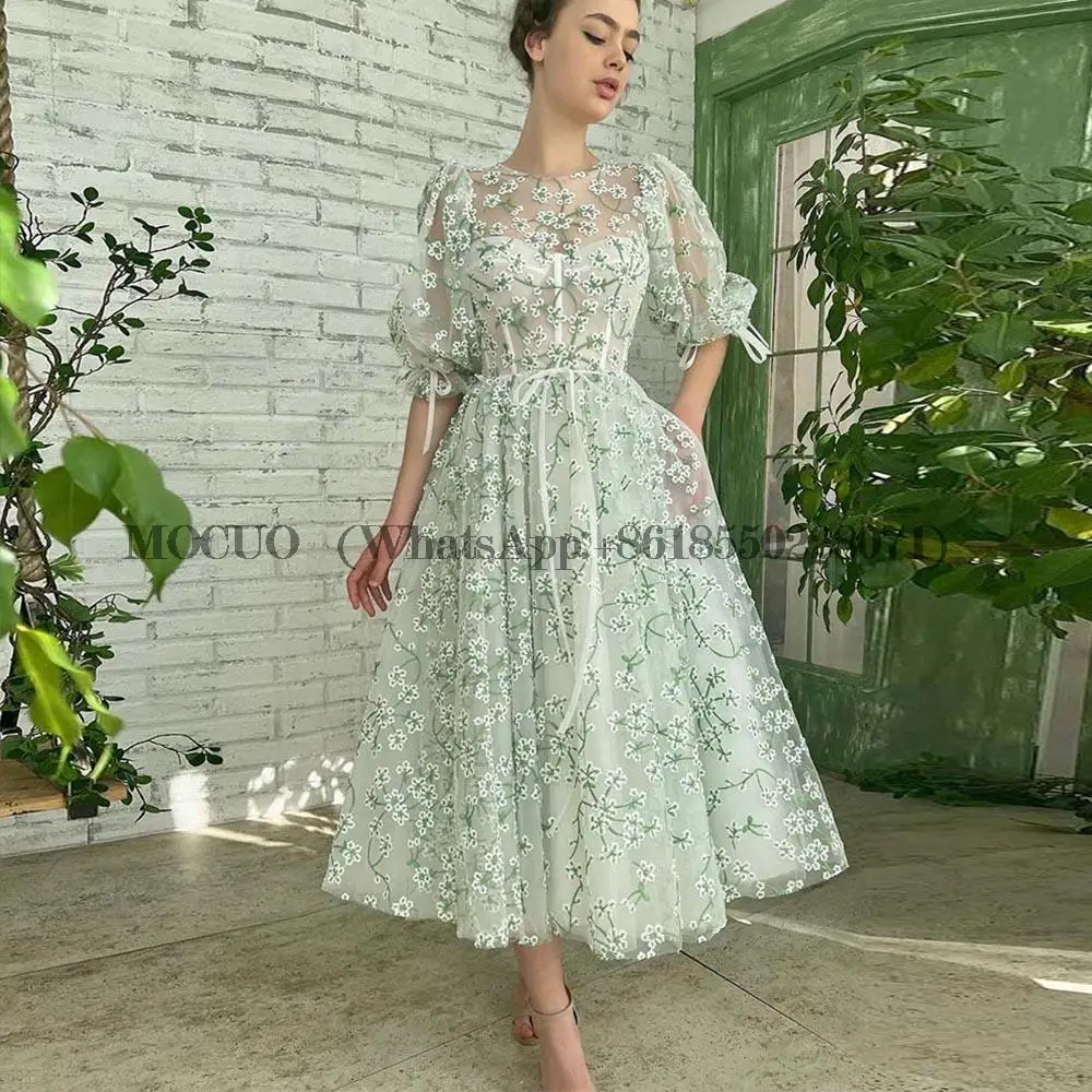 

Pastrol Illusion O-neck A-line Prom Dresses Short Sleeve Tulle Applique Evening Party Gown Women Robes De Bal Tea Length