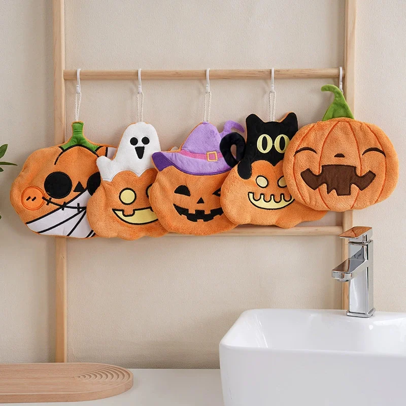 5pieces Set Halloween Kitchen Towel ClothCute Pumpkin Absorbent Quick Dry Coral Fleece Hanging Hand Towel Children's Souvenir