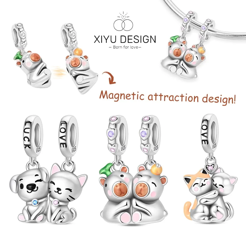 Juego de 2 Dijes de Plata 925 con Forma de Capibara para Parejas y Amigos, Compatibles con Pulseras de Charms Originales, Joyería DIY para Mujer, Regalo de Cumpleaños