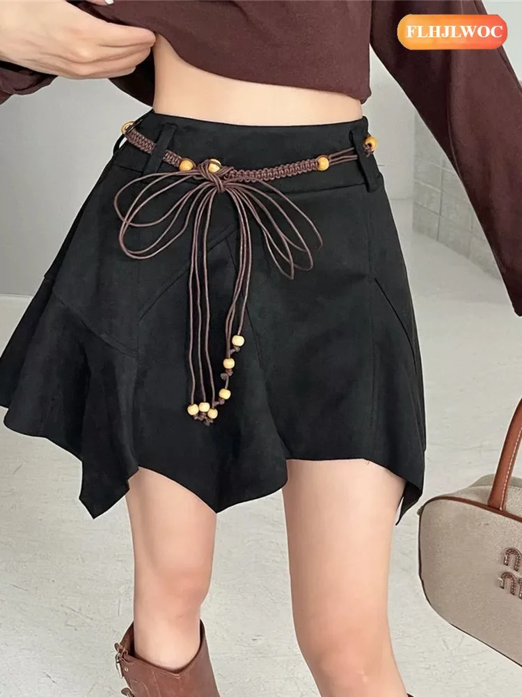 Halloween Suedette‌ Skirts 2026 Woman Cute Girls All-Match Chic High Waist A Line Vintage Retro Mini Irregular Skirt With Belt