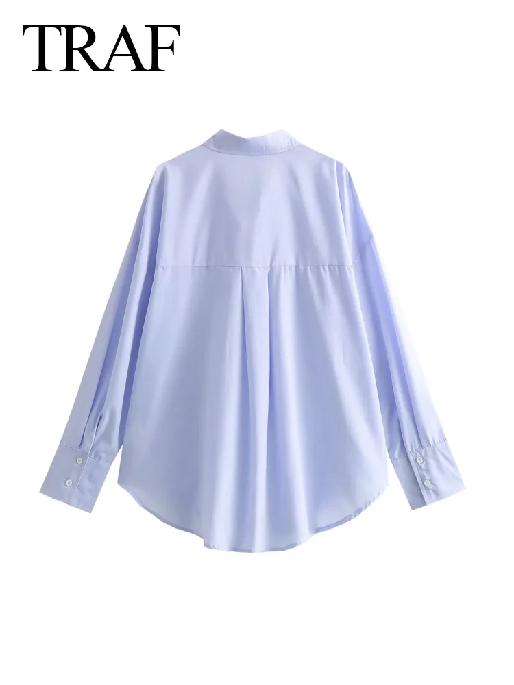 TRAF 2024 New Woman Solid Blue Shirts Casual Loose Blouses Turn Down Collar Long Sleeve Pleats Cardigans Office Lady Long Tops