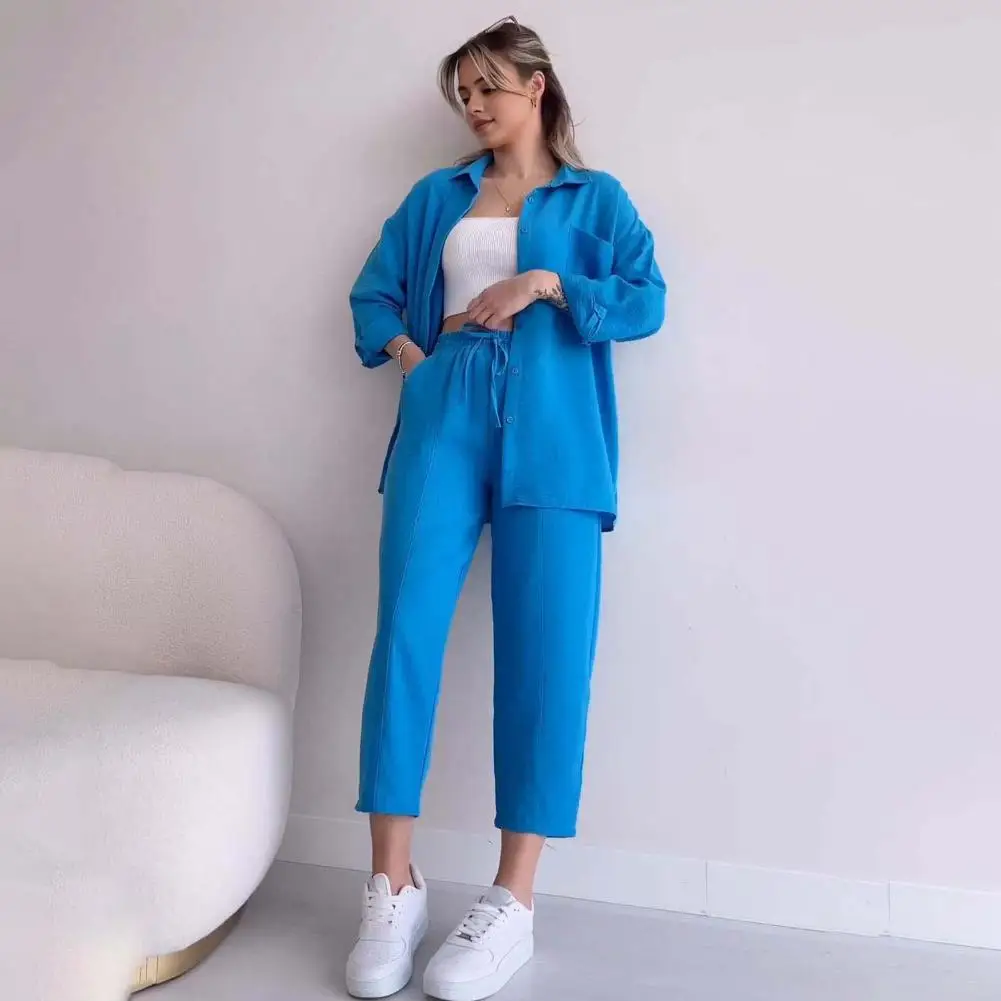 Single-breasted Suit Stylish Women's Shirt Pants Set with Lapel Collar Chest Pocket Casual Outfit with for Fashionable for Women