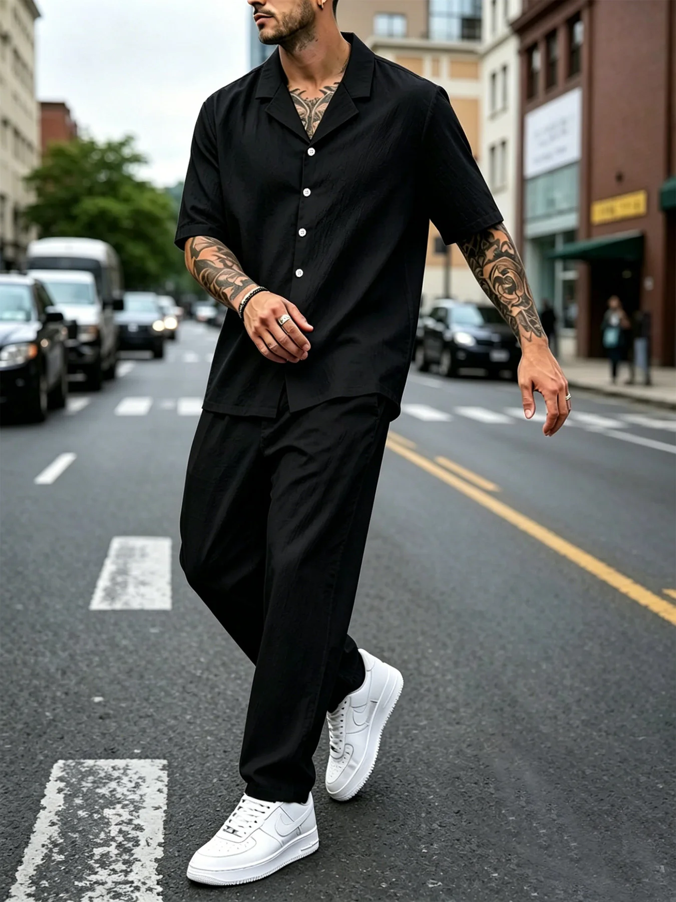 Men's Outfit Set Cuban Collar Short Sleeve Button Shirt Wide Leg Pants Street Style Summer Resort Casual Wear
