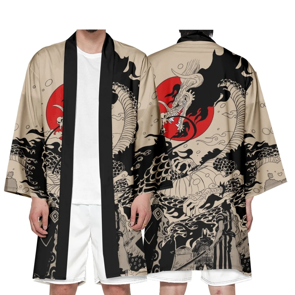 

Large Size 5XL 6XL Japanese Long Kimono Cardigan Print Dragon Men Women Shirt Tradition Yukata Haori Obi Cosplay Costume