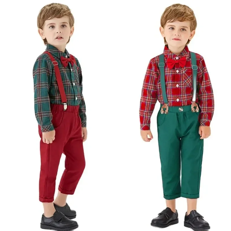 Child Christmas Carnival Clothes Toddler Kids Boys Gentleman Costume Sets Bowtie Lattice Shirt+Suspenders Pants Dress Up Outfits