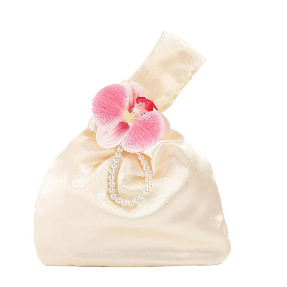 

Cosmetic Bag Elegant Rose Wrist Bag Chinese Style Pearl Pendant Butterfly Orchid Knot Handbag Pin Satin Gift Candies Bag Women