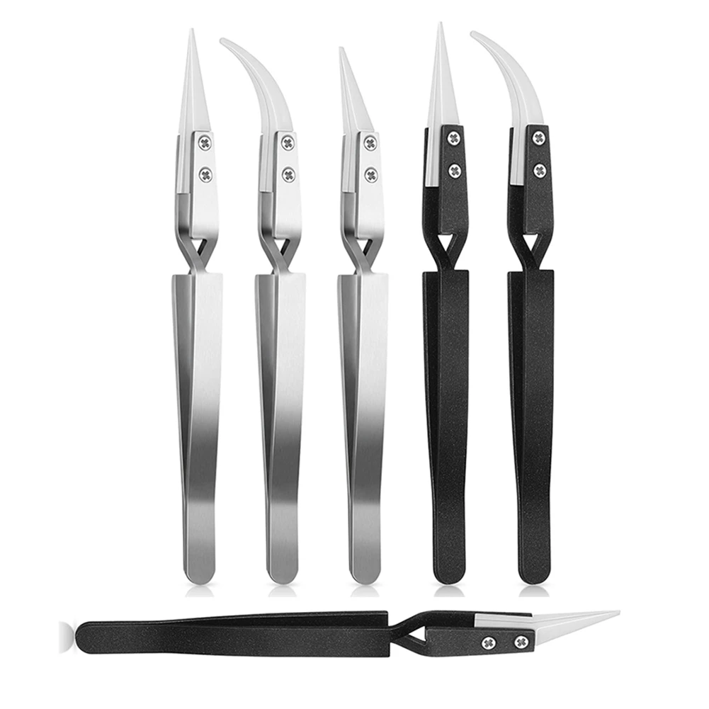 Feb.6Pcs Precision Reverse Tweezers Pointed Curved Tips Tweezer Set Non Conductive, Anti Magnetic Soldering Tweezers