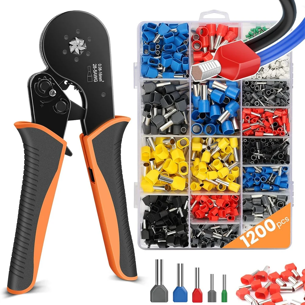 

1200pcs Ferrules Connector Tubular Terminal Crimper Kit 0.25-10mm² HSC8 6-6 Electrical Crimping Pliers Clamp Wire Tips Hand Tool