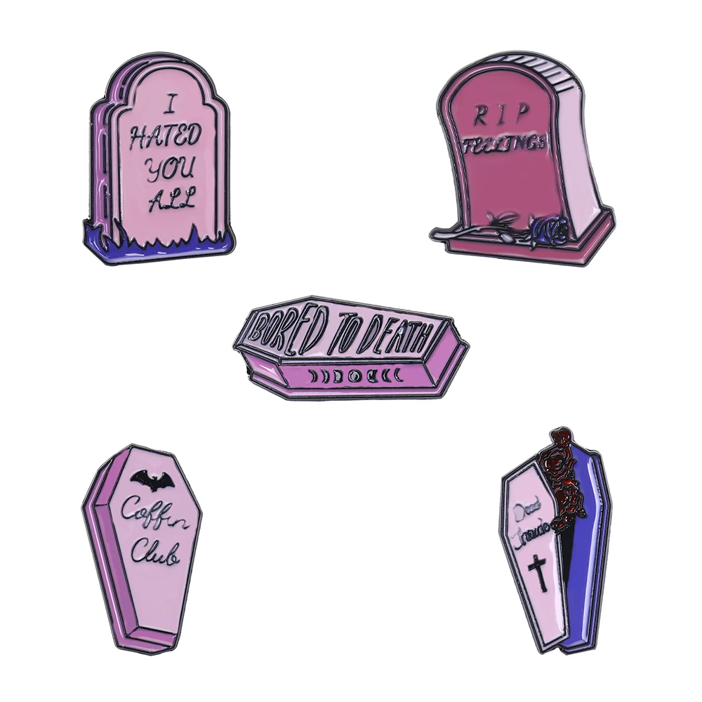 Personality 5Pcs/Set Pink Coffin Tombstone Collection Pins With Letter Bored To Death Hated You All  Brooches