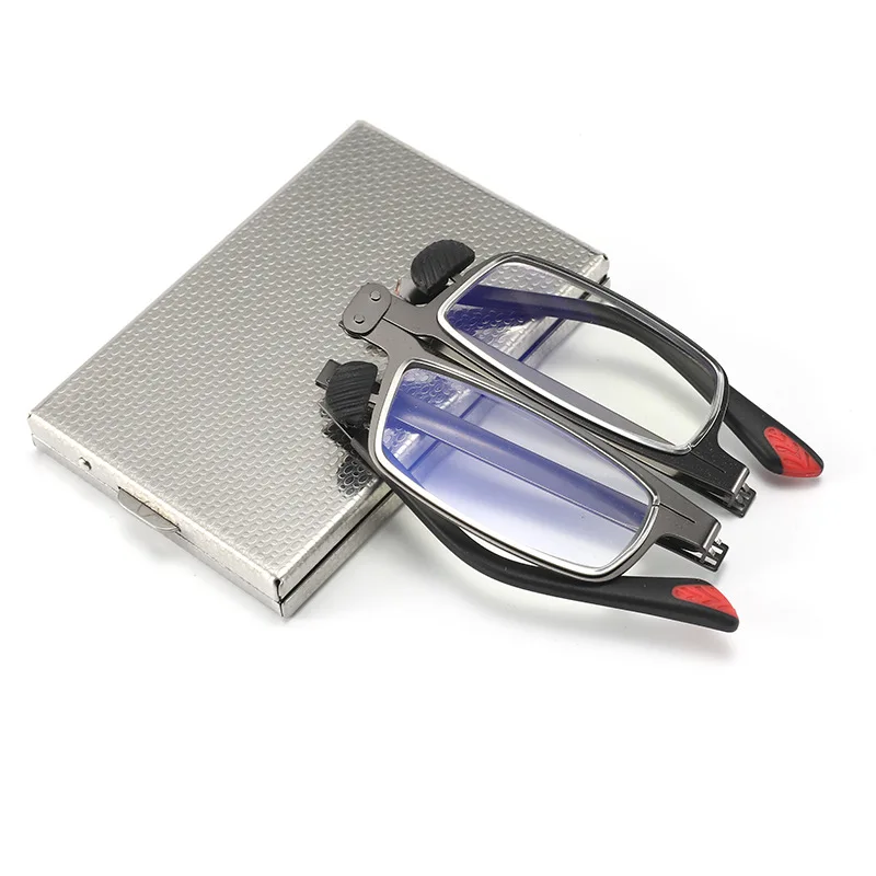 Neue tragbare, faltbare Anti-Blaulicht-Lesebrille mit Vollmetallrahmen, HD-Gläsern und Smartphone-Halterung für Männer und Frauen