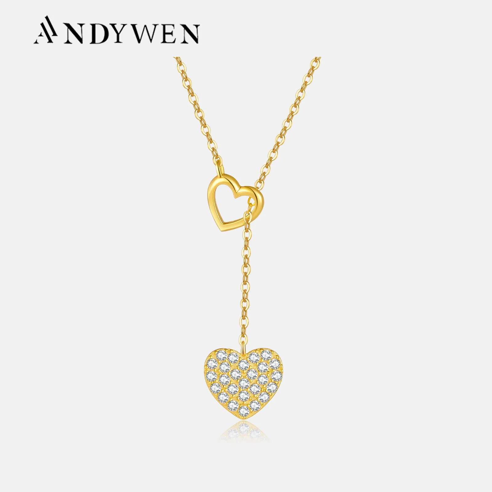 ANDYWEN 925 Sterling Silver Gold Love Heart Pull Heart Move Adjustable Chain Necklace Choker Women Luxury Fine Jewelry