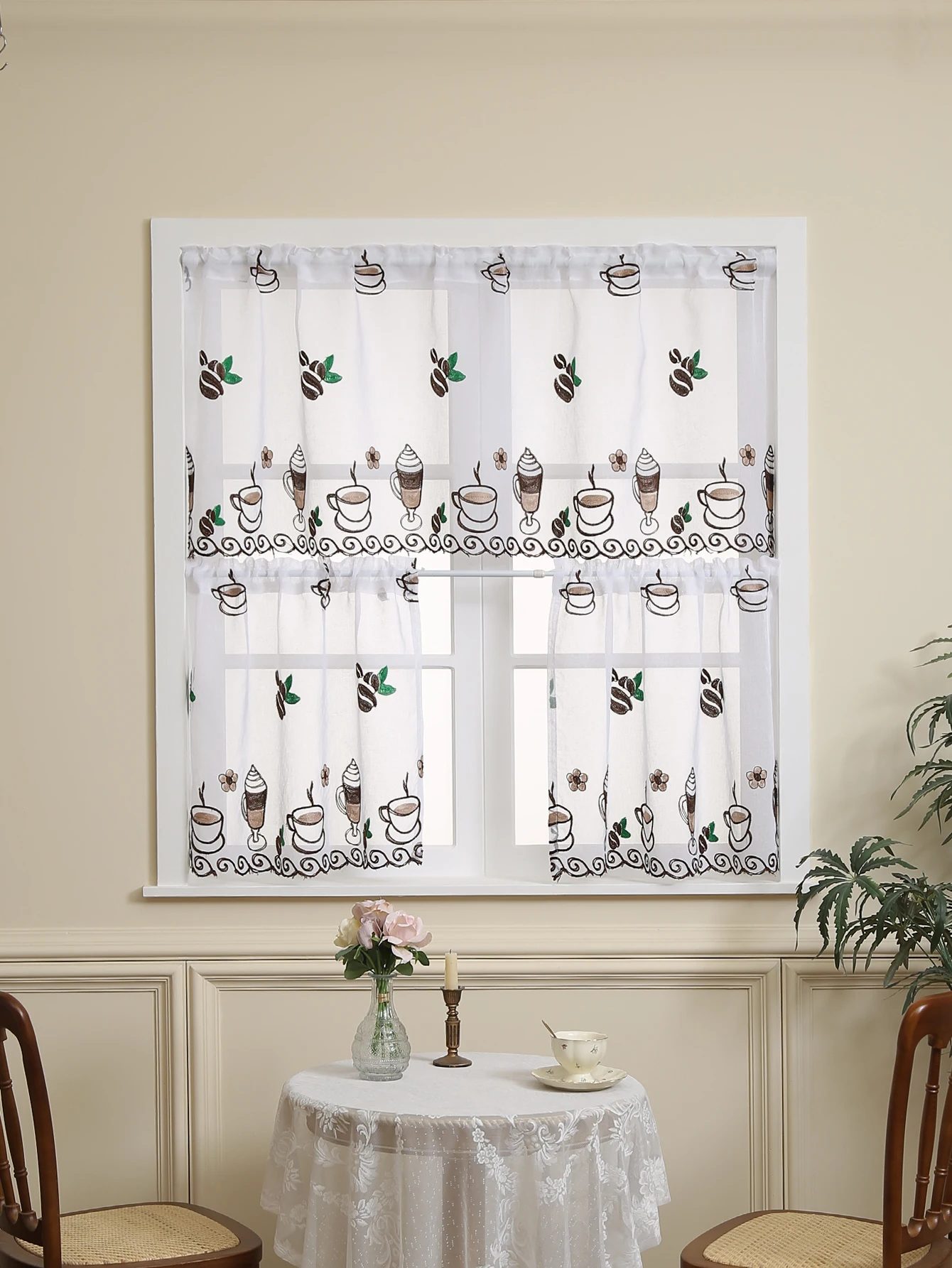1PC Coffee Bean Embroidery Short Curtain, Coffee Shop Living Room Tulle Window Decorative Short Curtains Small Curtains