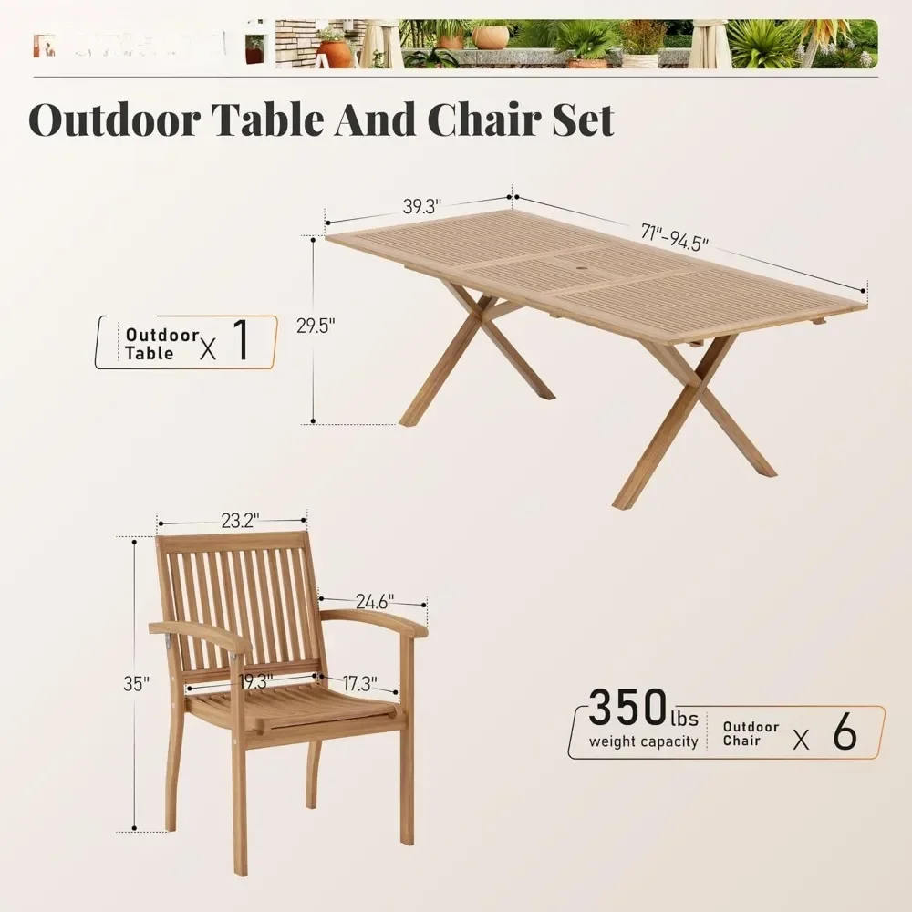 Juego de comedor para exterior de madera de acacia, mesa de comedor expandible (agujero para sombrilla de 1,97" y 6 sillas de madera, juego de mesa de comedor para patio de 7 piezas