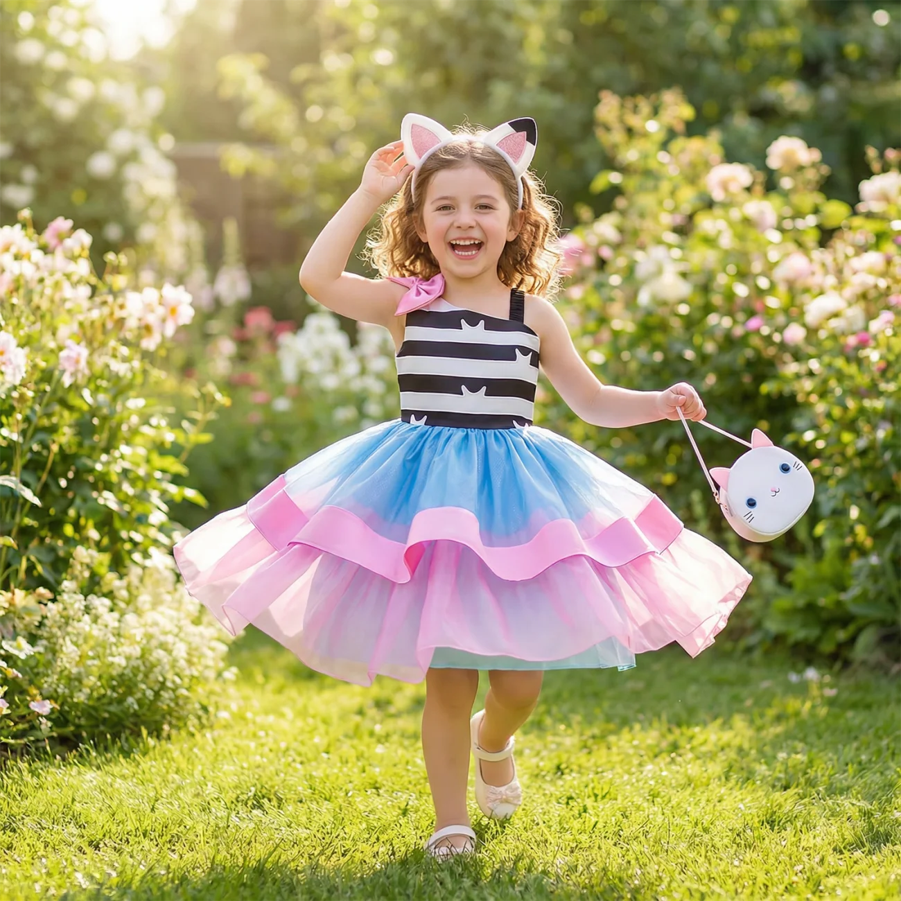 Halloween Toyhouse Costume For Kids Girls Striped Cats Layered Princess Dress For Children Birthday Party Carnival Fancy Clothes