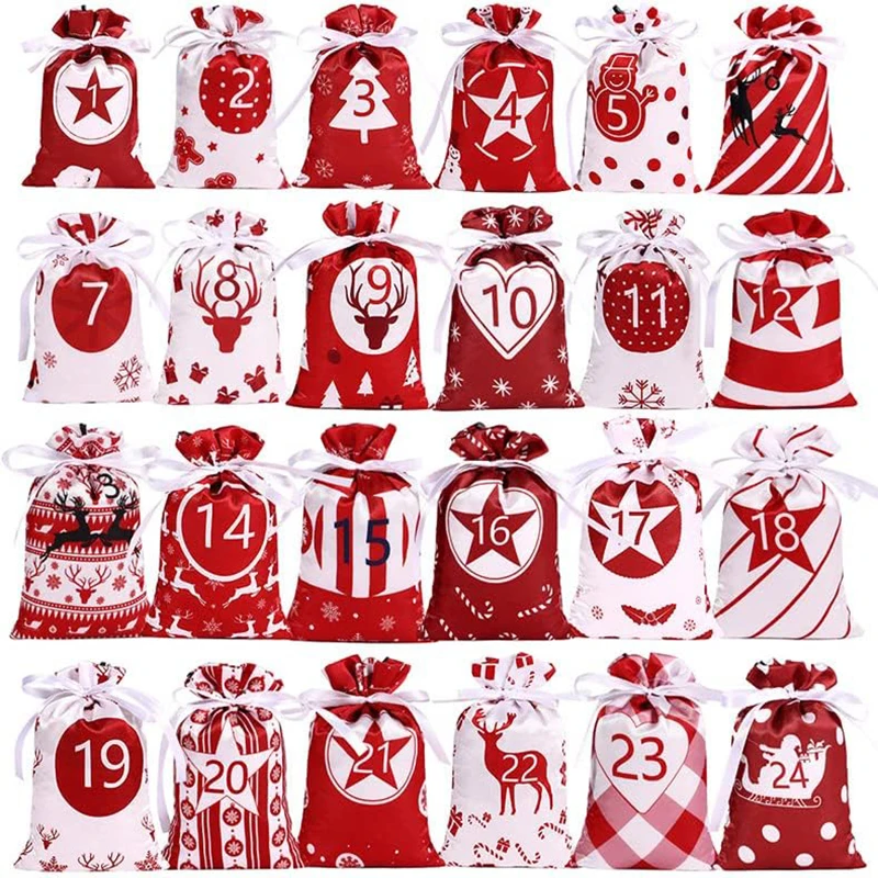 2024 Christmas Advent Calendar Bags 24 Days Countdown Set Candy Bag Drawstring Gift Bag Hanging Gift Bags for Party Home Decor