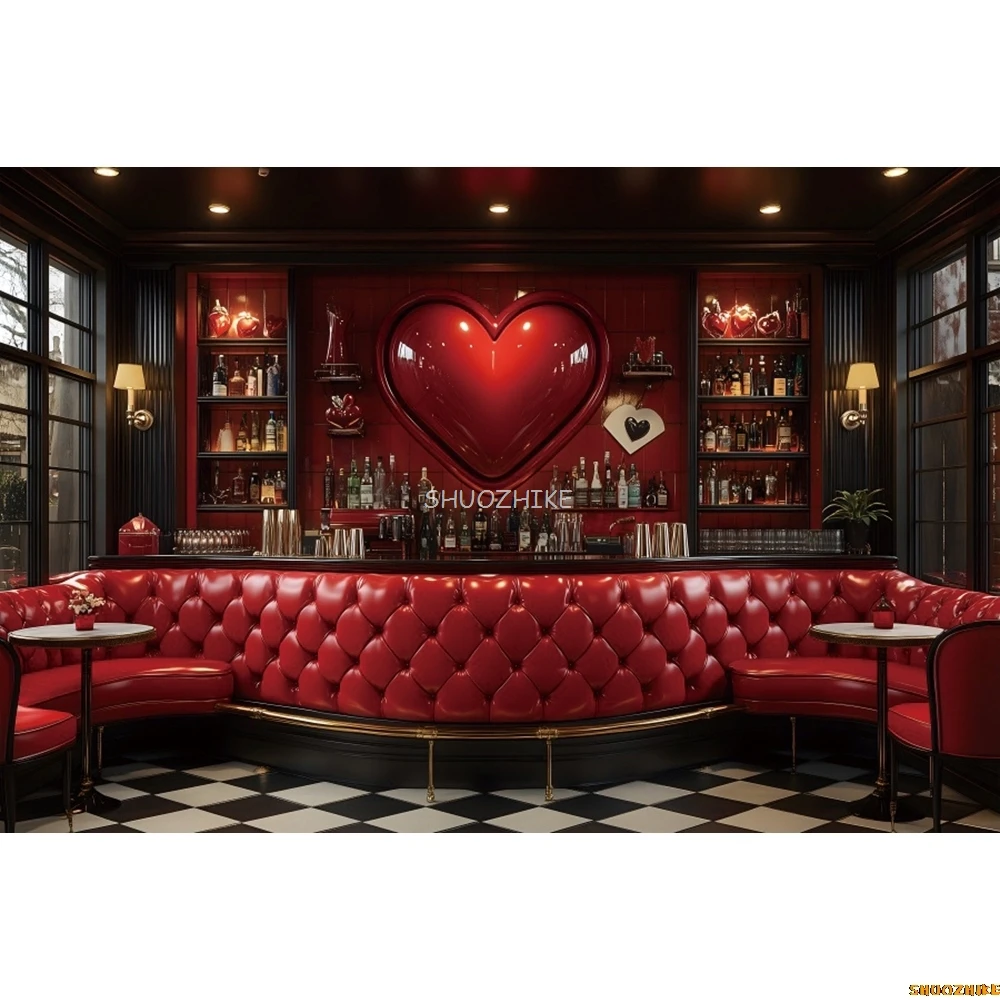 February 14th Valentine's Day Photography Backdrop Red Sweetheart Shop Bar Wine Cabinet Love Heart Couple Photo Background Decor