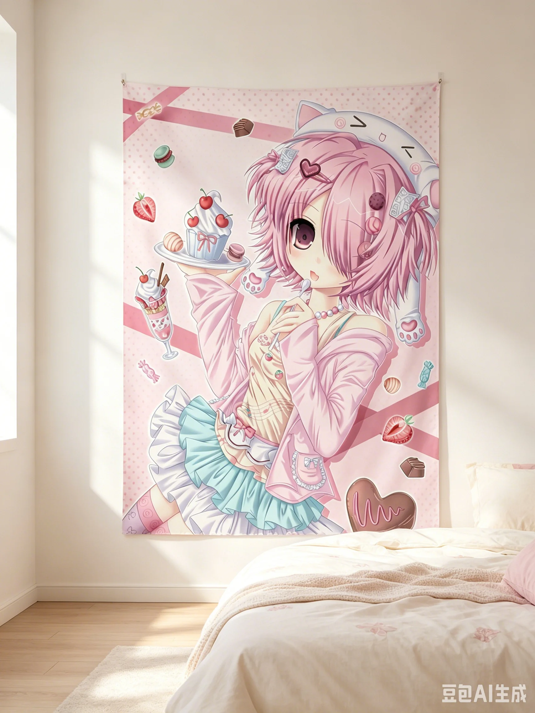 Rosa Haar Katzenohren Süßes Dessert Anime Mädchen Wandteppich Kawaii Pastell Mädchen Schlafzimmer Wandbehang – Detail 4