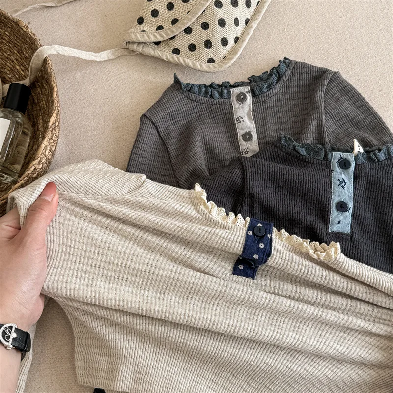 MILANCEL 2024 Autumn Children's Clothing Bottoming Shirt Girls Long Sleeve T shirt 1-6 Y Kids Simple Lace O Neck Blouse