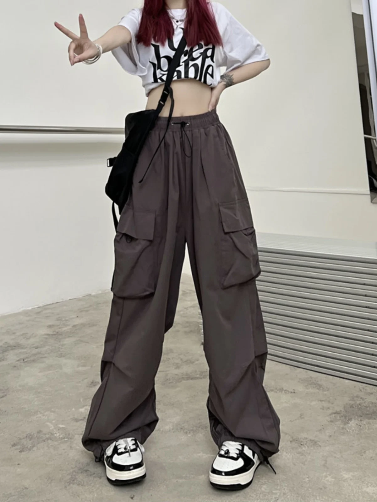 American Retro Workwear Casual Pants Women Spring Autumn Versatile Straight Drapey Cuffed Long Loose Wide Leg Pants