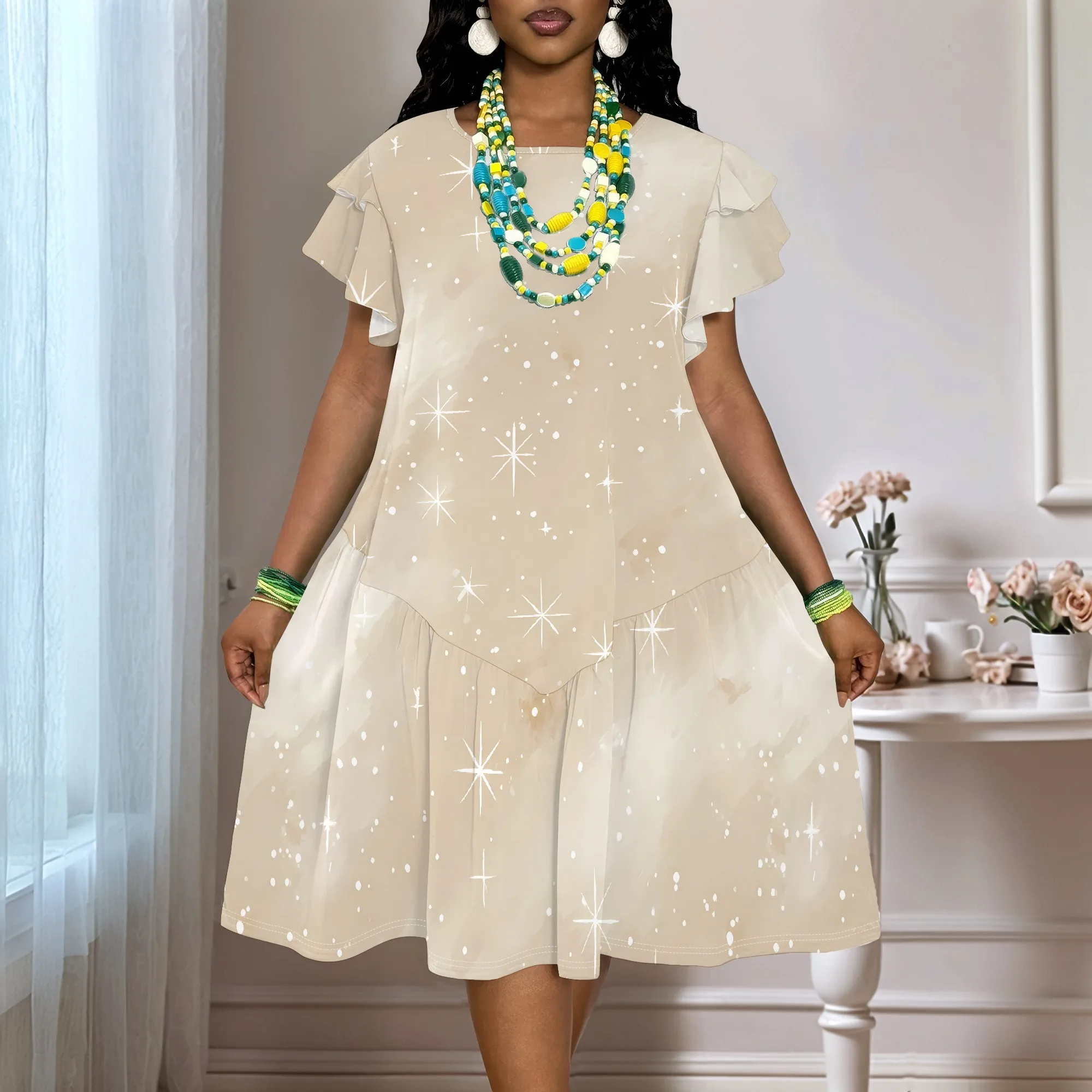 Women's Plus Size Sparkle Print Short Sleeve Dress XL-6XL, Loose Fit Summer Casual Tunic with Ruffle Sleeves